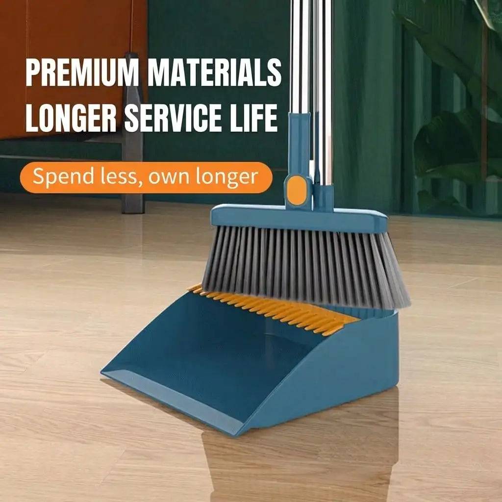 Broom And Dustpan Set, Blue, 2-Piece, 180 Degree Rotatable, Extendable Handle Up To 53 Inches, 4-Layer Thick Brush, Comb Teeth, Folding Storage by S And B Enterprise