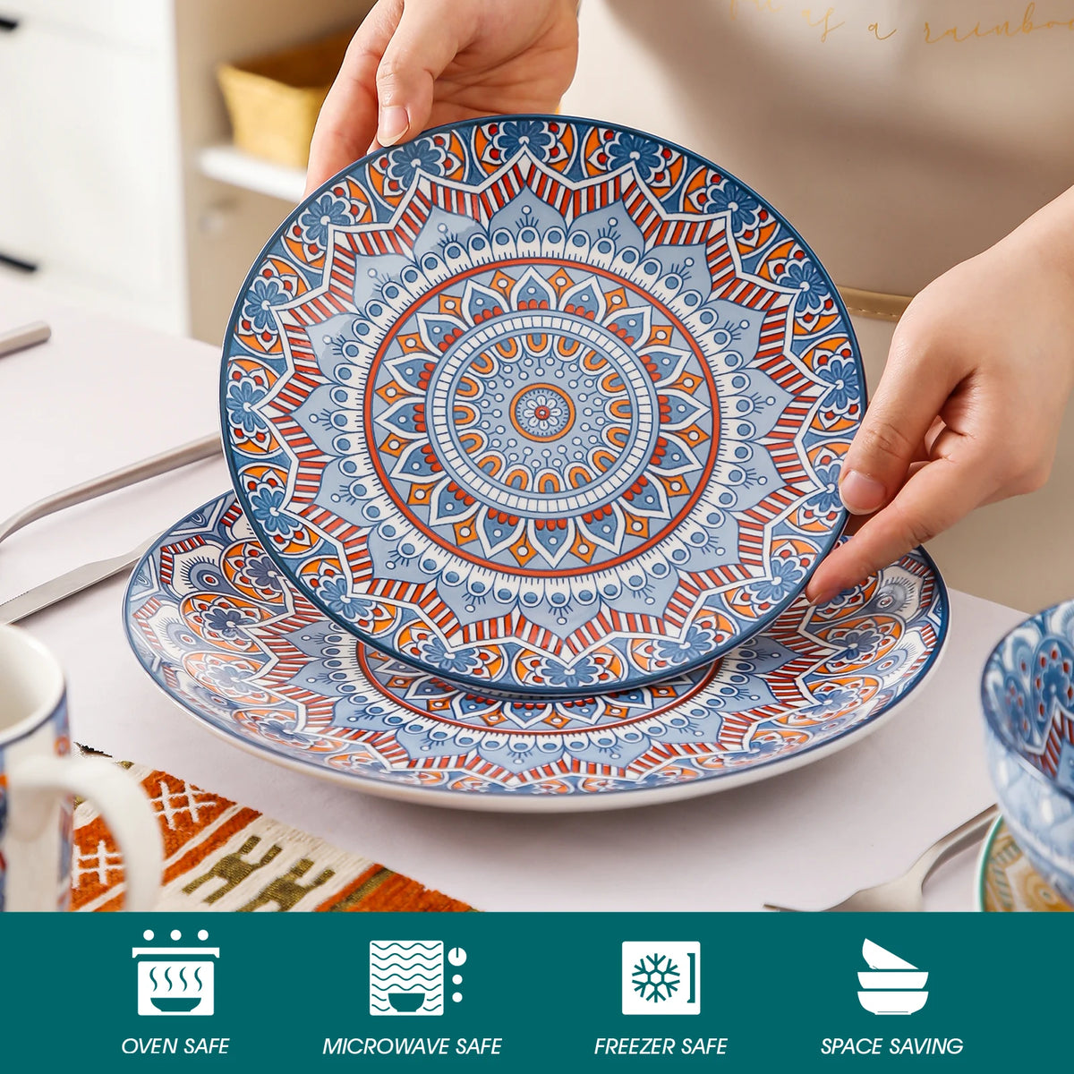 Ceramic dinnerware set in blue and orange Bohemian mandala pattern; includes dinner plate, dessert plate, and bowl.