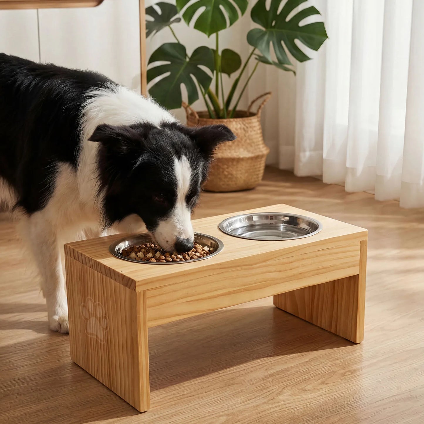 Wooden Elevated Dog Bowls, Raised Pet Feeder with Stainless Steel Double Bowls, Non-Slip Dog Food Water Stand for Medium Large Dogs by S And B Enterprise