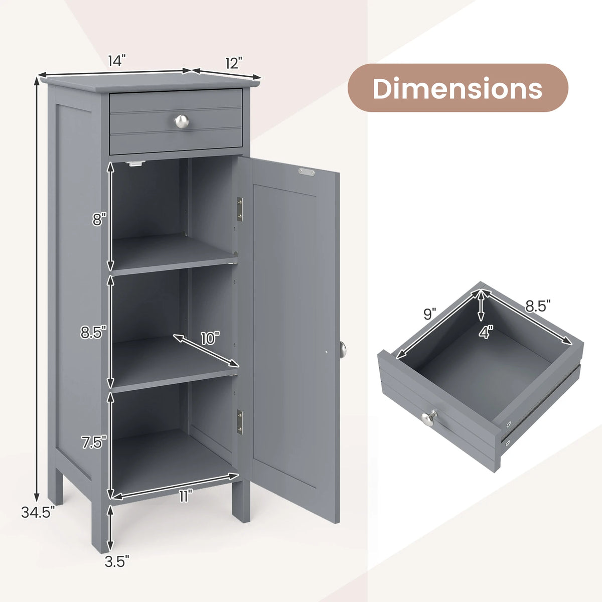 Costway grey bathroom floor cabinet storage organizer with top drawer, freestanding