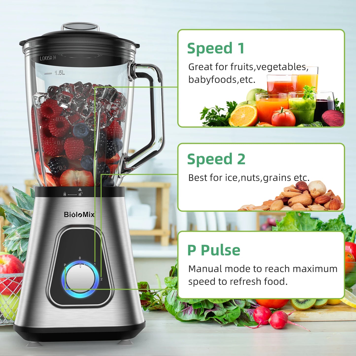 Biolomix 1300W Smoothie Maker With Glass Jar Blender