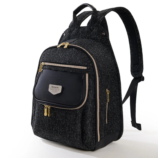 Sunveno diaper bag backpack in black speckled fabric with gold zippers and front logo pocket