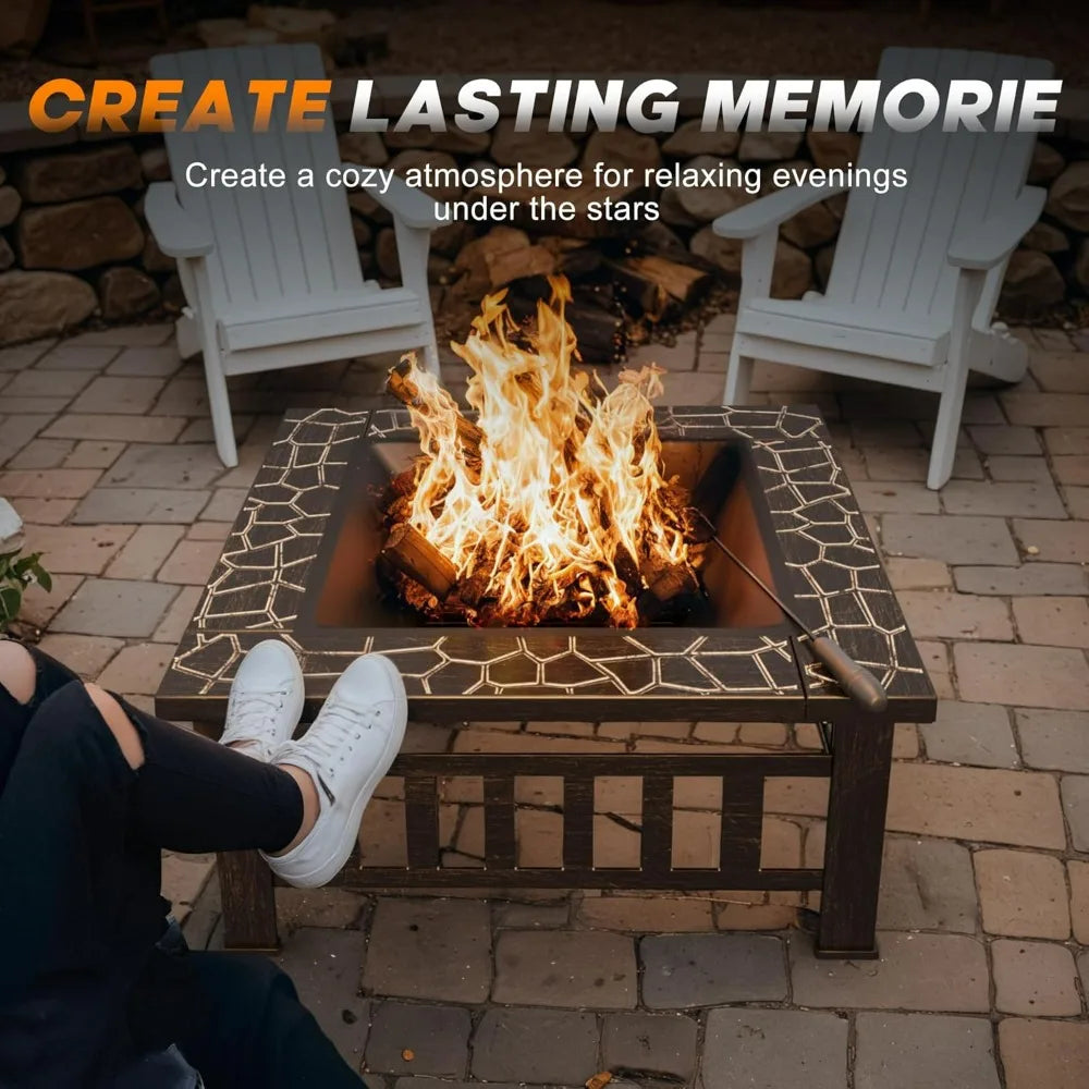 Devoko 32-Inch outdoor fire pit table; silver metal with mosaic tile border and visible flames