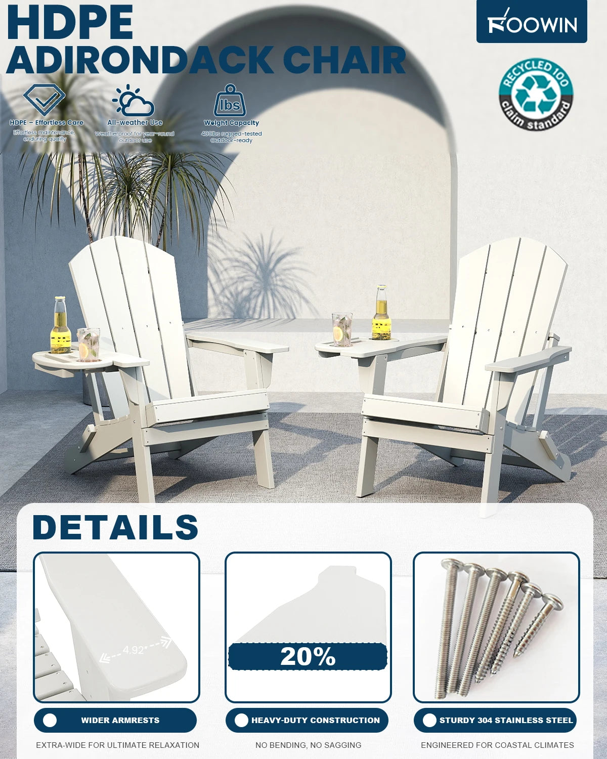 FOOWIN Folding Adirondack Chair With Cup Holder Outdoor by S And B Enterprise