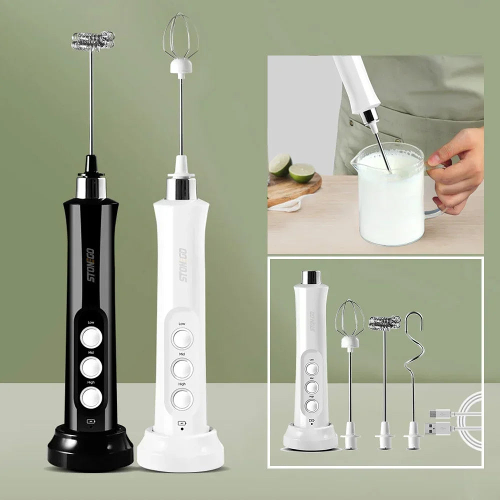 USB rechargeable milk frother with 3-speed controls and stainless steel whisk heads (2-piece black and white set)
