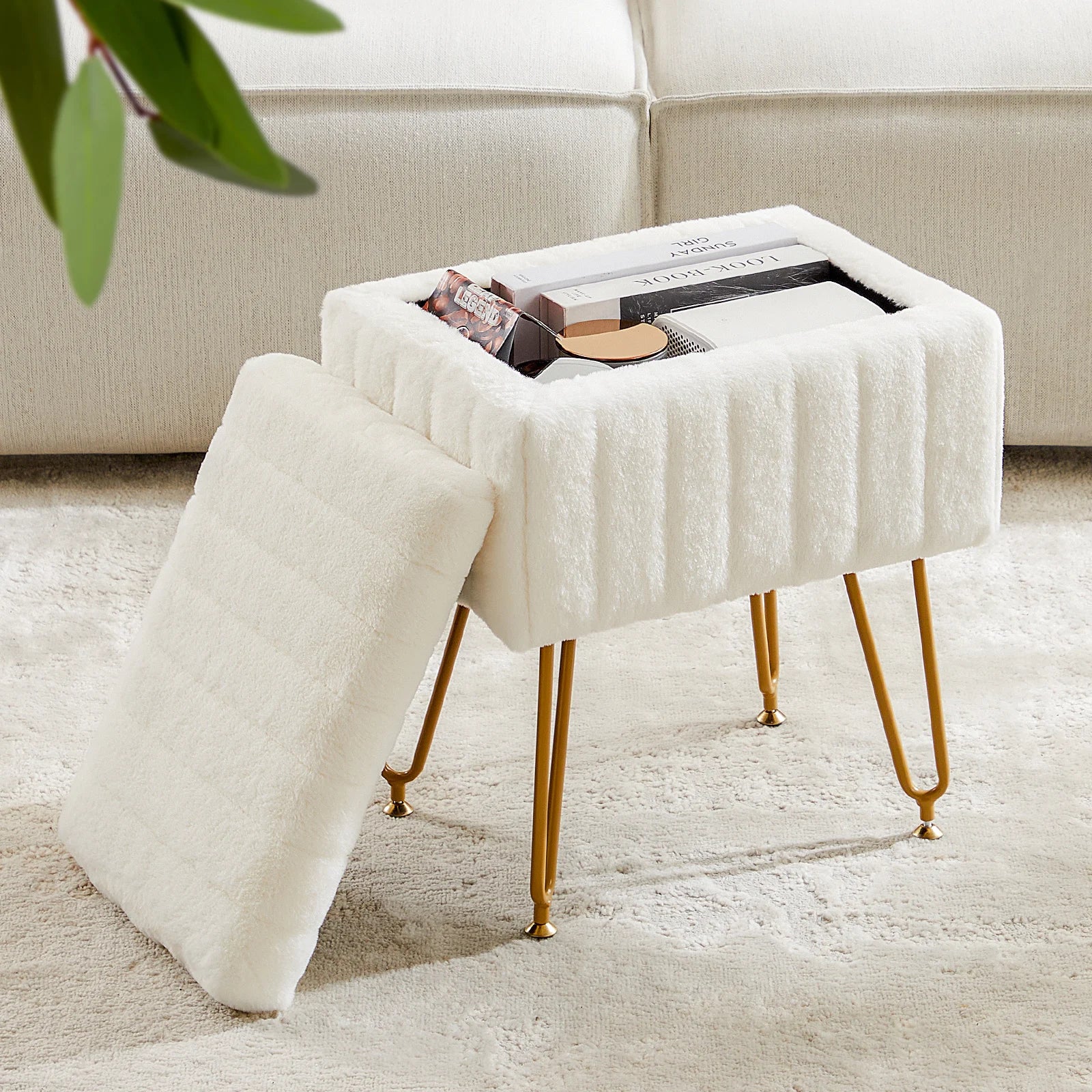 JHK Faux Fur Living Room Hidden Storage Stools & Ottomans Padded Makeup with 4 Metal Legs Anti-Slip Adjustable Feet for Home by S And B Enterprise