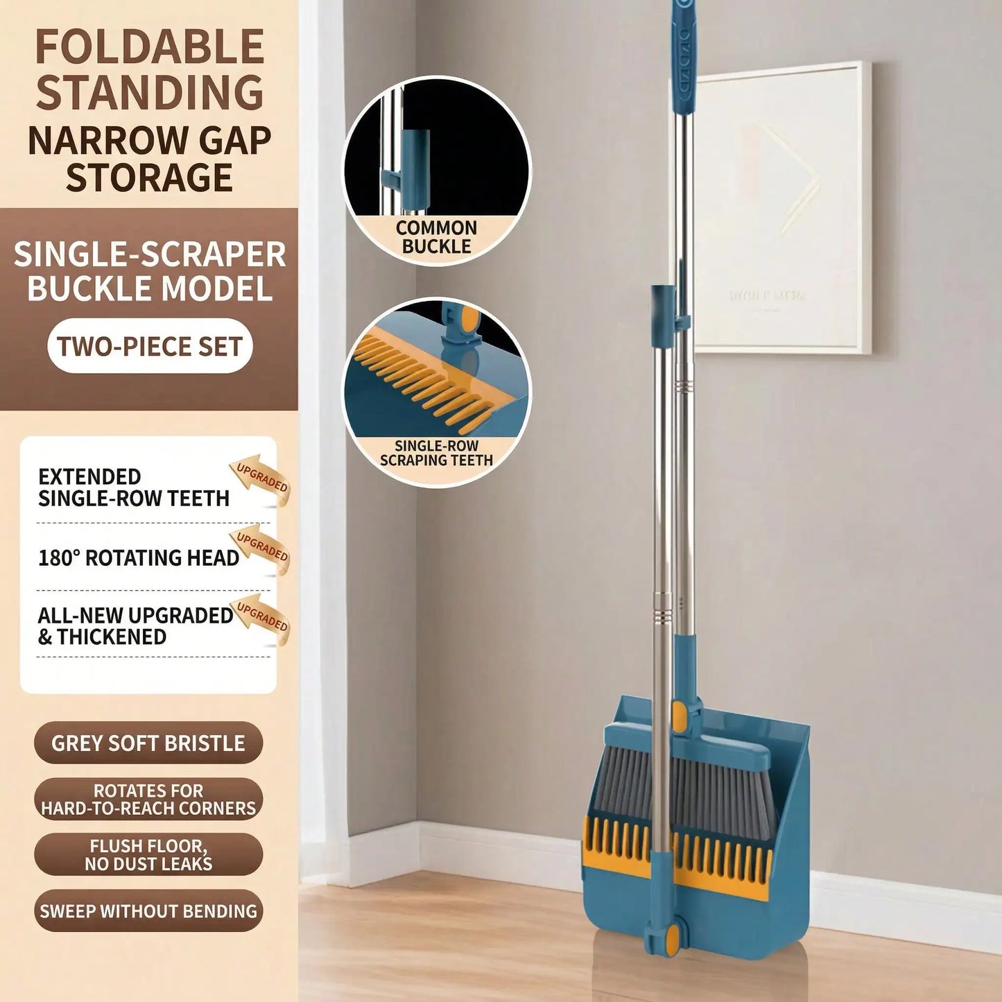 Broom And Dustpan Set, Blue, 2-Piece, 180 Degree Rotatable, Extendable Handle Up To 53 Inches, 4-Layer Thick Brush, Comb Teeth, Folding Storage by S And B Enterprise
