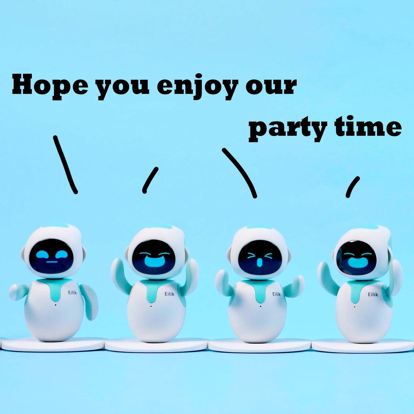 Eilik robot pets in white and teal, four cute desk companions with expressive faces on a blue backdrop