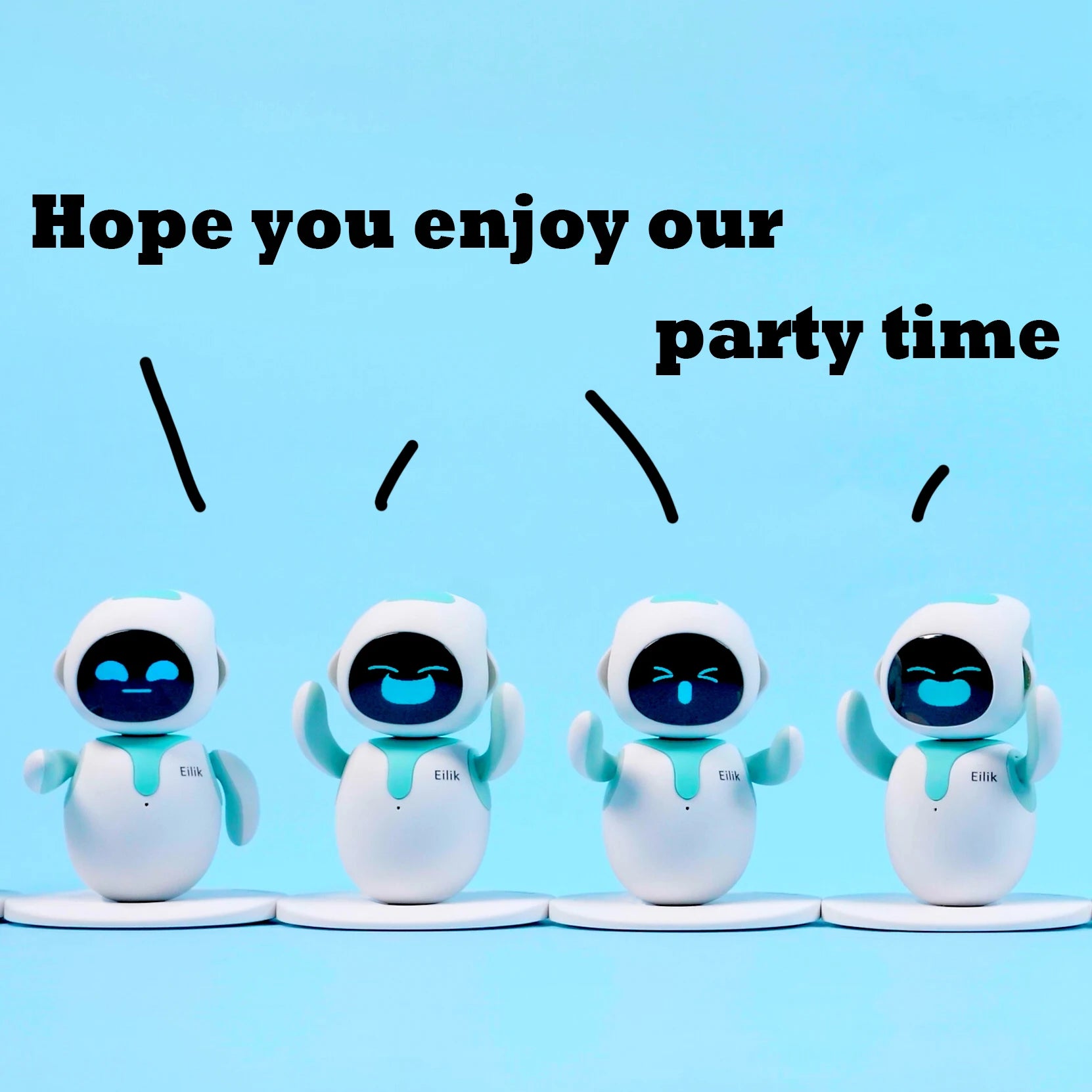Eilik robot pets in white and teal, four cute desk companions with expressive faces on a blue backdrop
