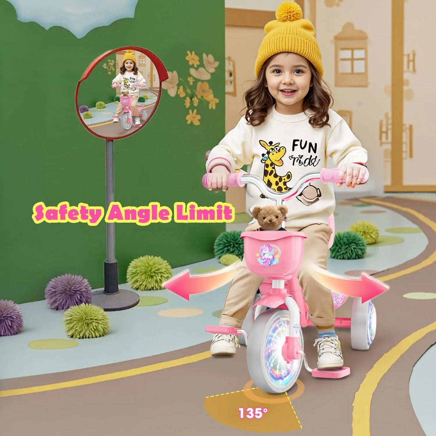 Unicorn Toddler Tricycle With Light Up Wheels And Basket