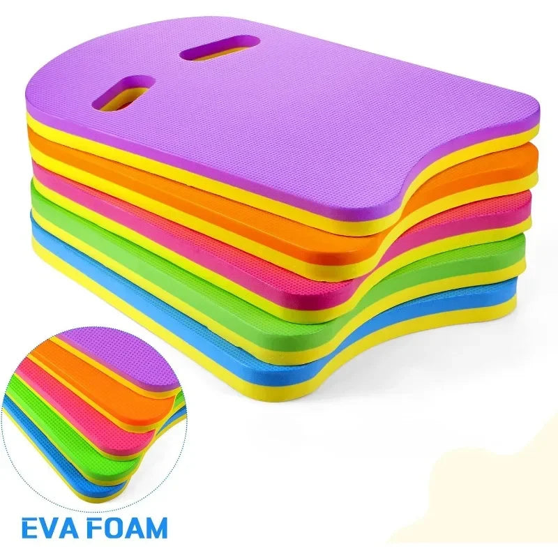 Six colorful EVA foam kickboards stacked; U-shaped swimming training boards for kids and adults