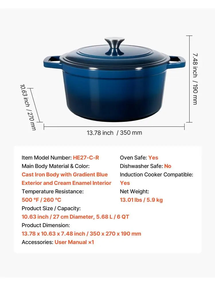 Enameled Cast Iron Dutch Oven, 6 Quart Pot with Lid and Dual Handles, Heavy-Duty Durable Cookware Pan, Oven Induction Compatible up to 500℉, for Braising, Stews, Roasting, Bread Baking, Blue by S And B Enterprise