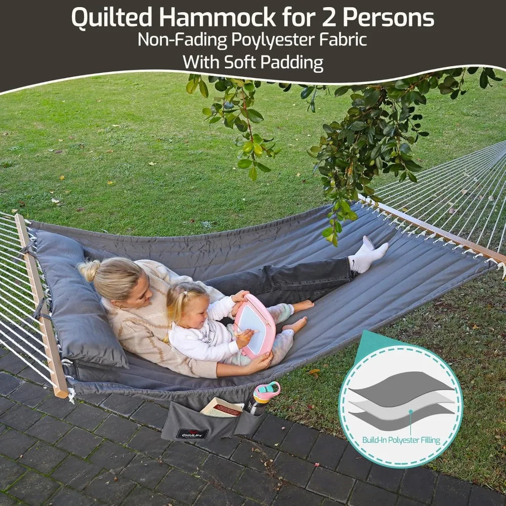 Double Quilted Fabric Hammock With Hardwood Spreader Bars And Pillow