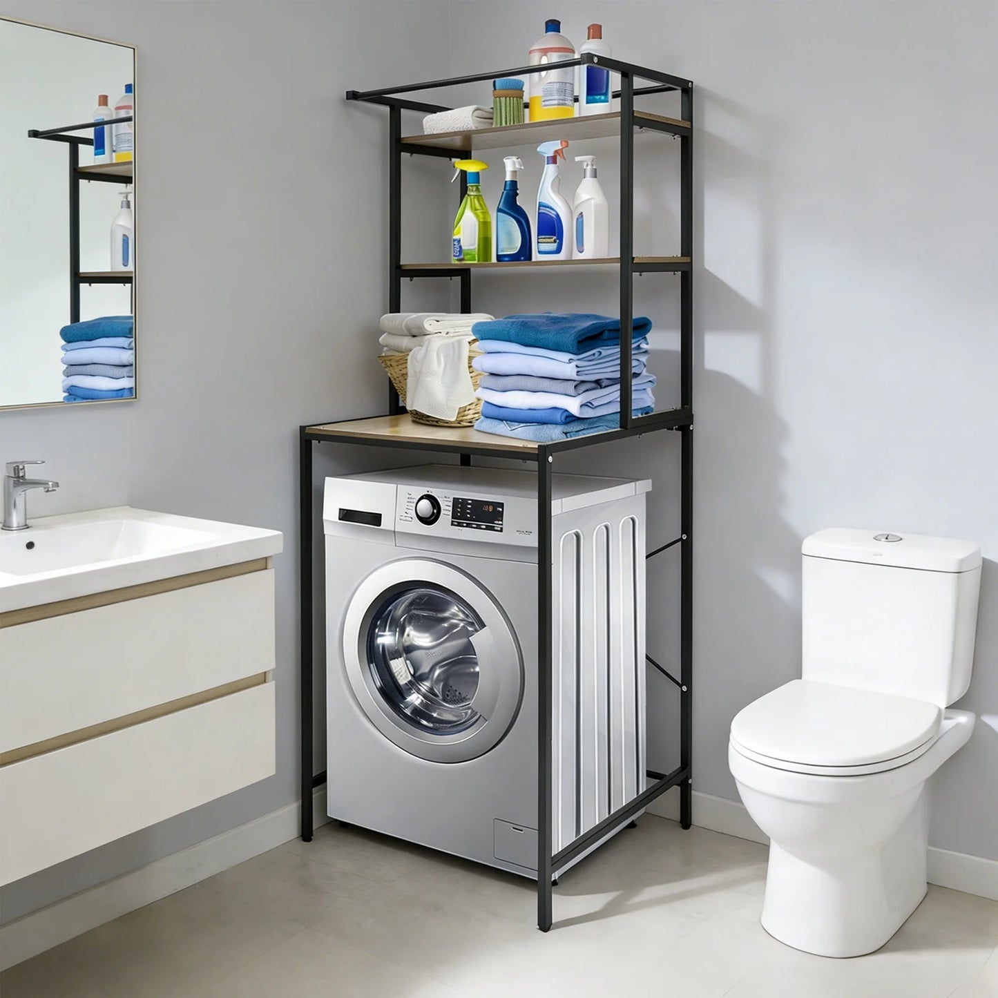Over-washing-machine laundry storage shelf with oak veneer MDF top and black metal frame