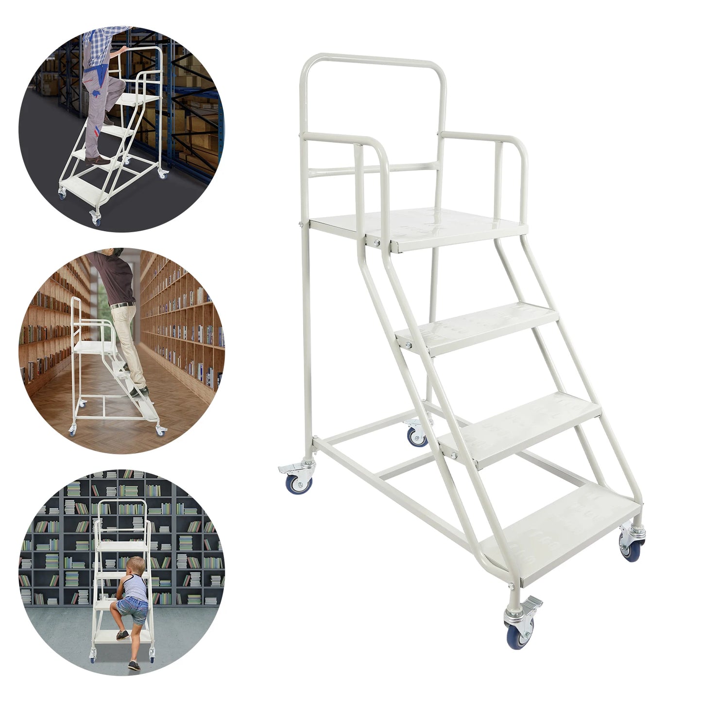 Heavy-Duty 4-Step Stair, High Load-Bearing Warehouse Ladder, Anti-Slip Mobile Step Ladder with Brake Wheel, Cold-Rolled Steel Elevation Platform with Guardrail for Warehouse Supermarket Home by S And B Enterprise