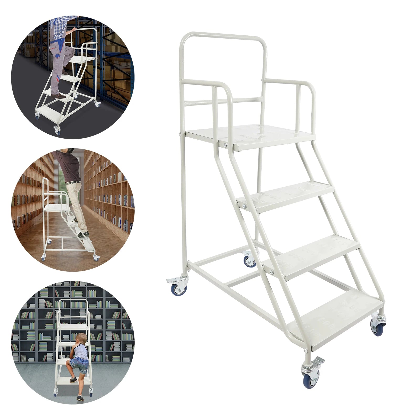 Heavy-Duty 4-Step Stair, High Load-Bearing Warehouse Ladder, Anti-Slip Mobile Step Ladder with Brake Wheel, Cold-Rolled Steel Elevation Platform with Guardrail for Warehouse Supermarket Home by S And B Enterprise