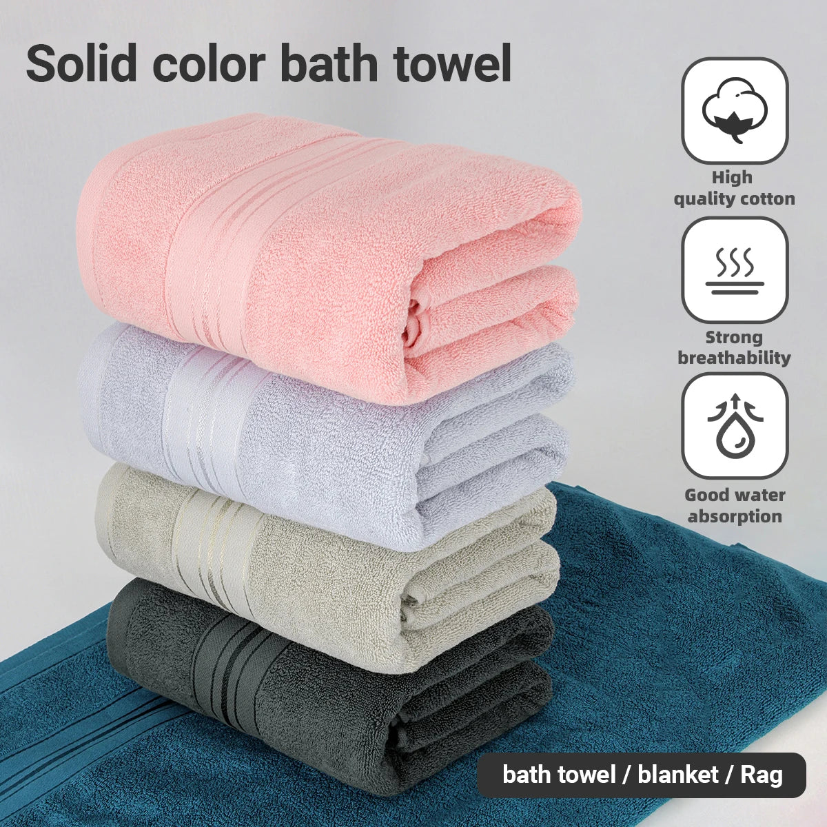 4-piece solid-color bath towel set; includes bath towel, face towel, and 2 washcloths in 100% cotton.