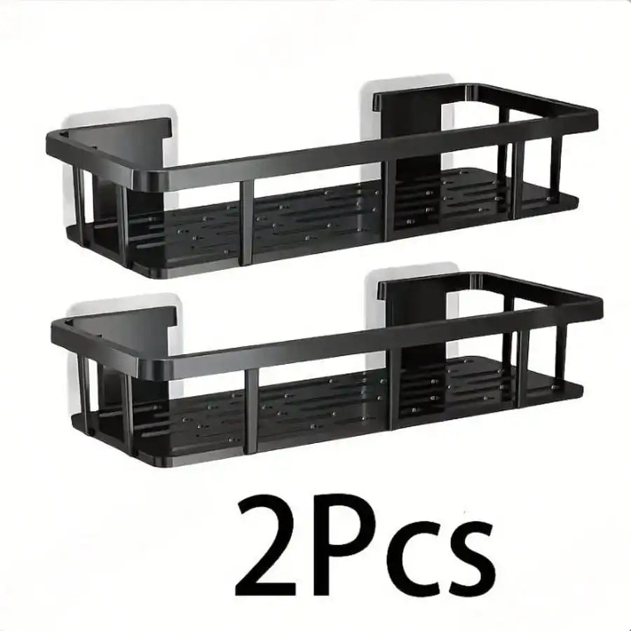 2-pack black aluminum drill-free wall-mounted bathroom shelf set for shower corner storage