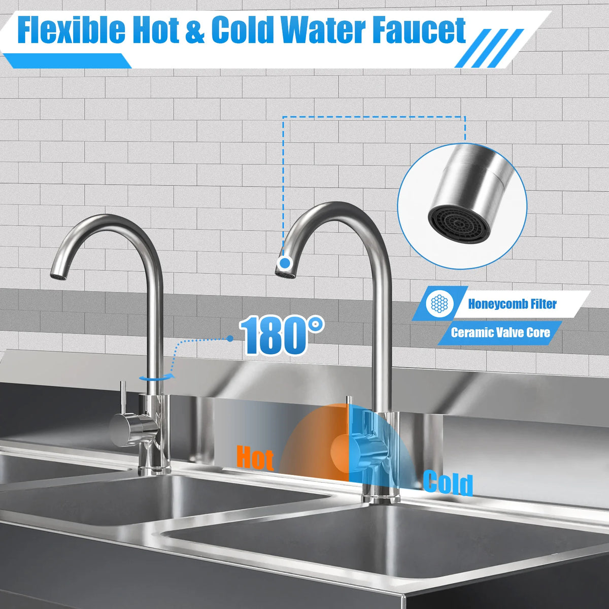 3 Compartment Stainless Steel Sink with 2 Faucets Freestanding Commercial Utility Sink Triple Bowl for Restaurant Garage Laundry