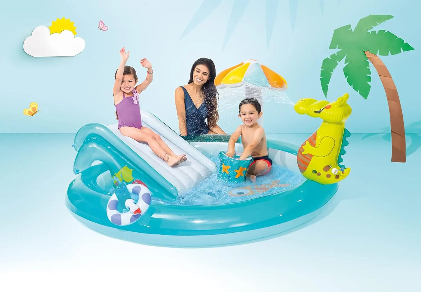 Outdoor Inflatable Kiddie Pool With Slide And Sprinklers