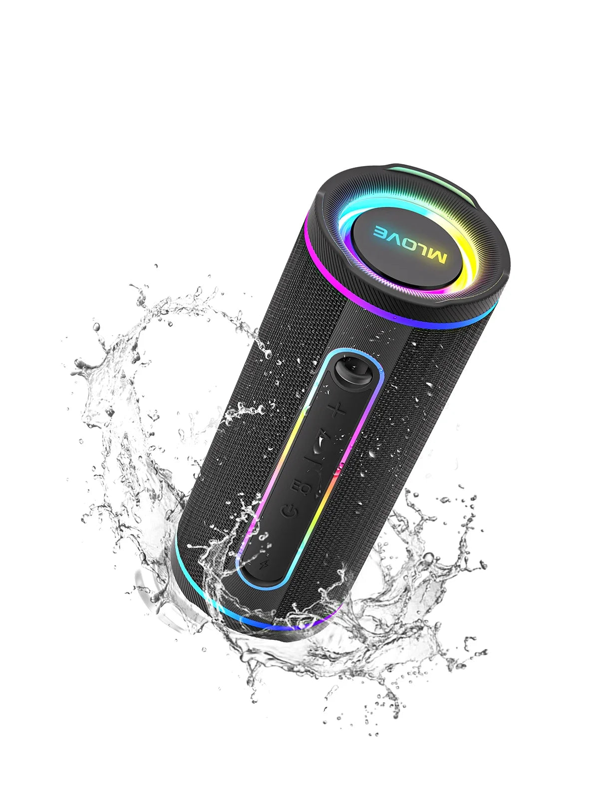 MLOVE E80 portable Bluetooth speaker with colorful RGB lighting, IPX7 waterproof, TWS enabled