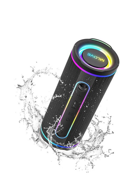 MLOVE E80 portable Bluetooth speaker with colorful RGB lighting, IPX7 waterproof, TWS enabled