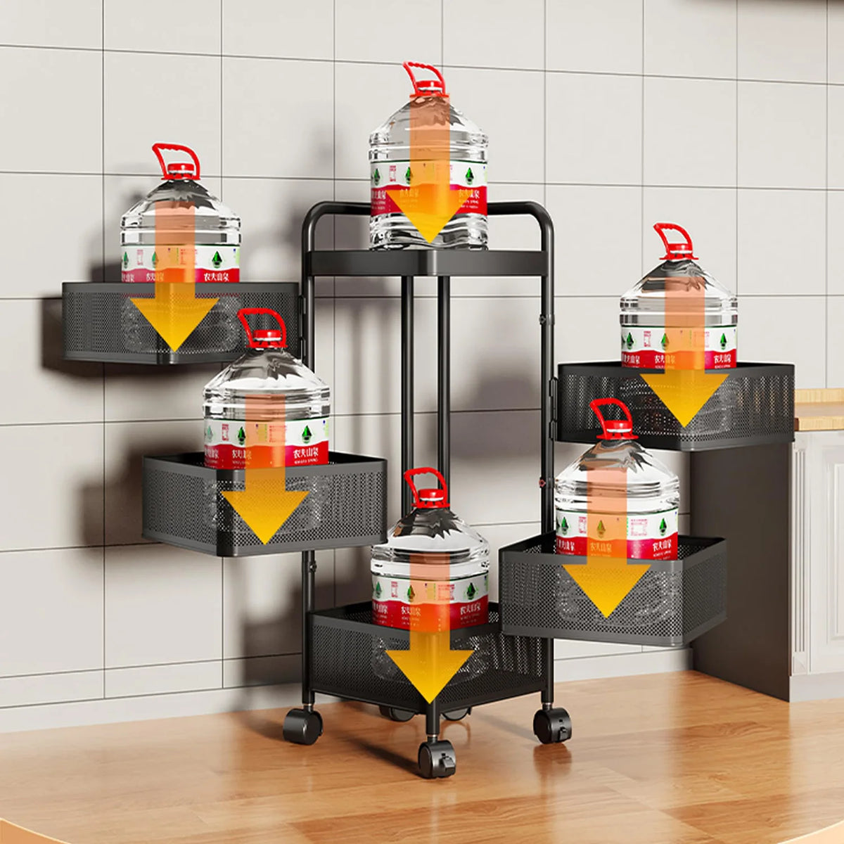 4/5-tier thickened carbon steel rotating storage cart with wheels and mesh baskets