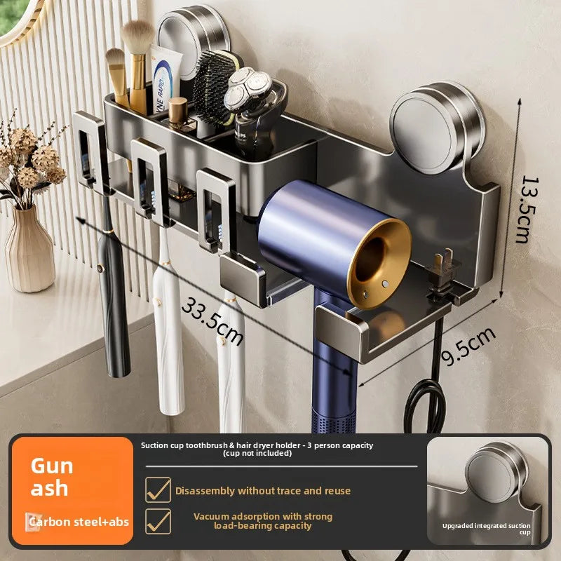 Suction-cup wall-mounted toothbrush rack in stainless steel with cup holders and a hair dryer hook for up to 3 people