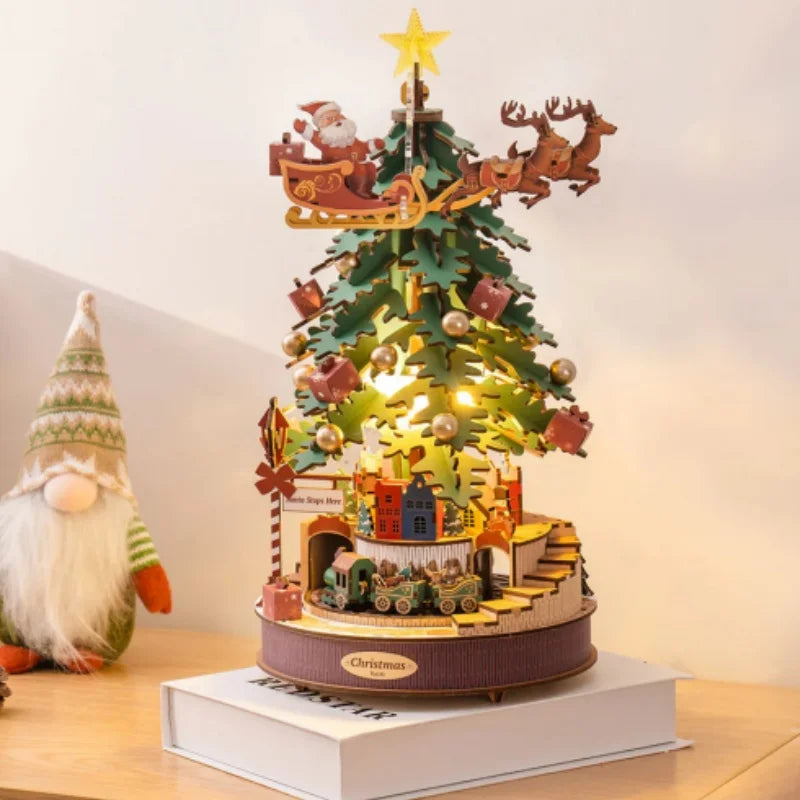 Robotime Christmas Melody Tree 3D wooden puzzle music box by S And B Enterprise; tree with Santa sleigh and reindeer.