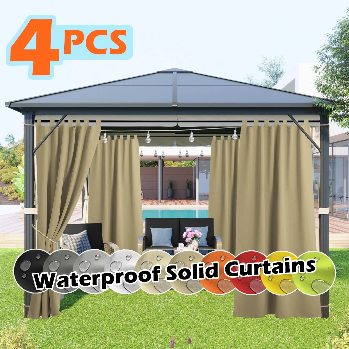 4-panel beige outdoor curtains for gazebo, waterproof and UV-resistant, tab-top design.