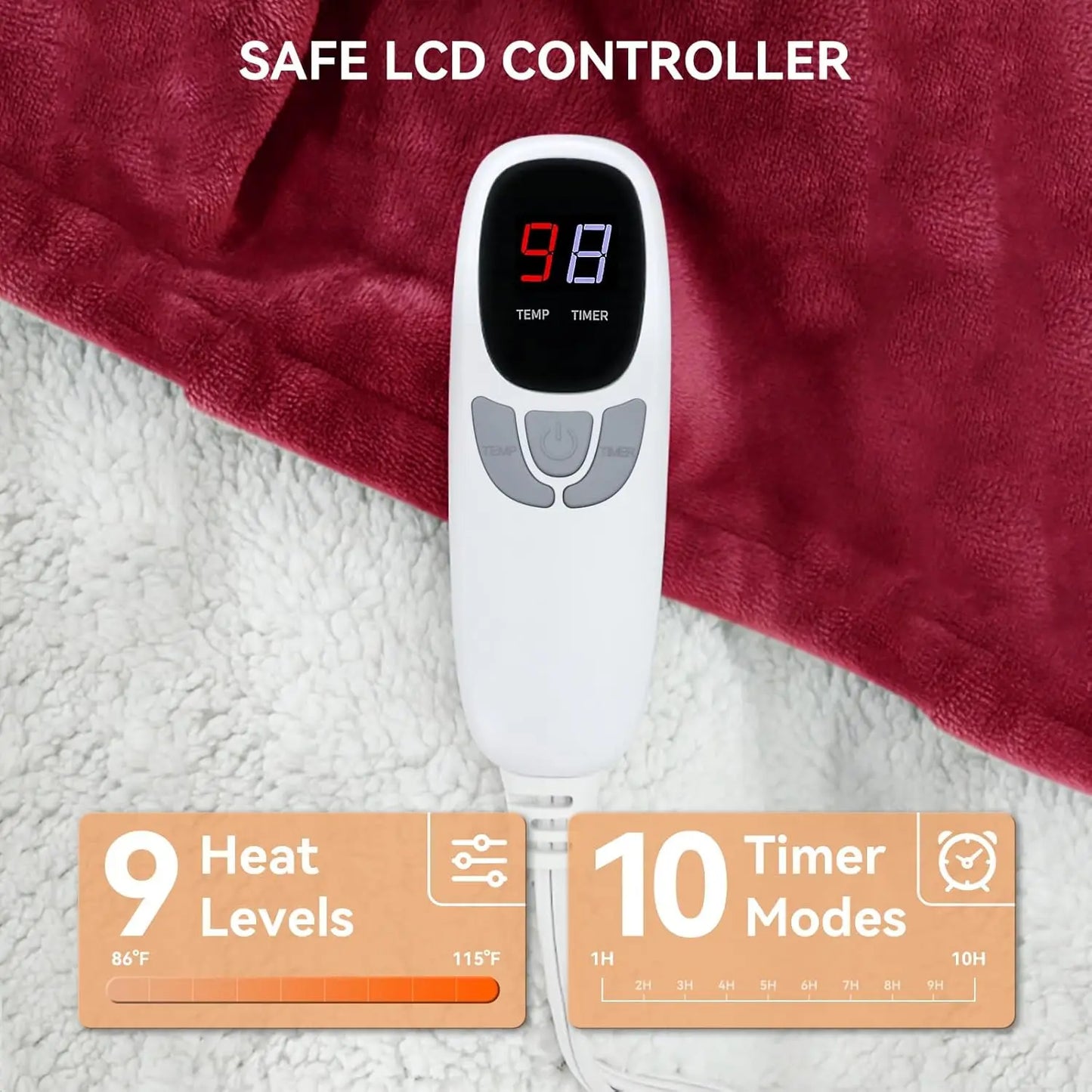 Electric Heated Throw Blanket With 9 Heat Levels And Timer