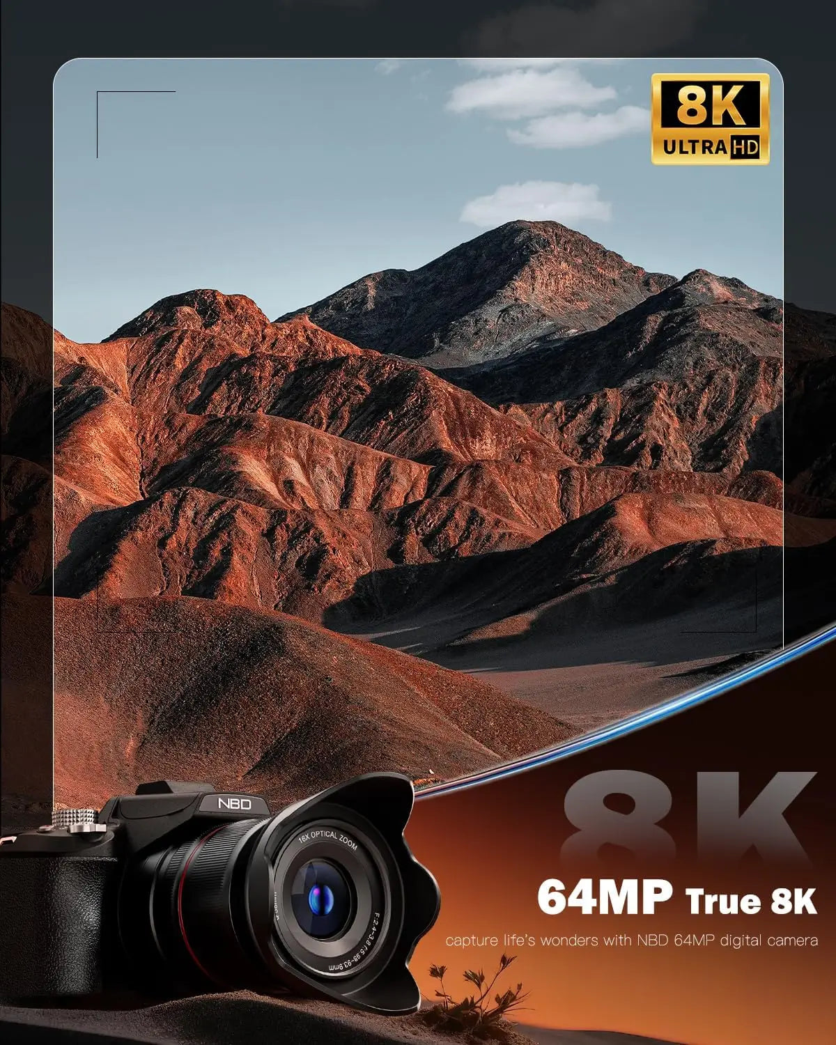 8K digital camera by S And B Enterprise in black with 64MP sensor and 16x optical zoom
