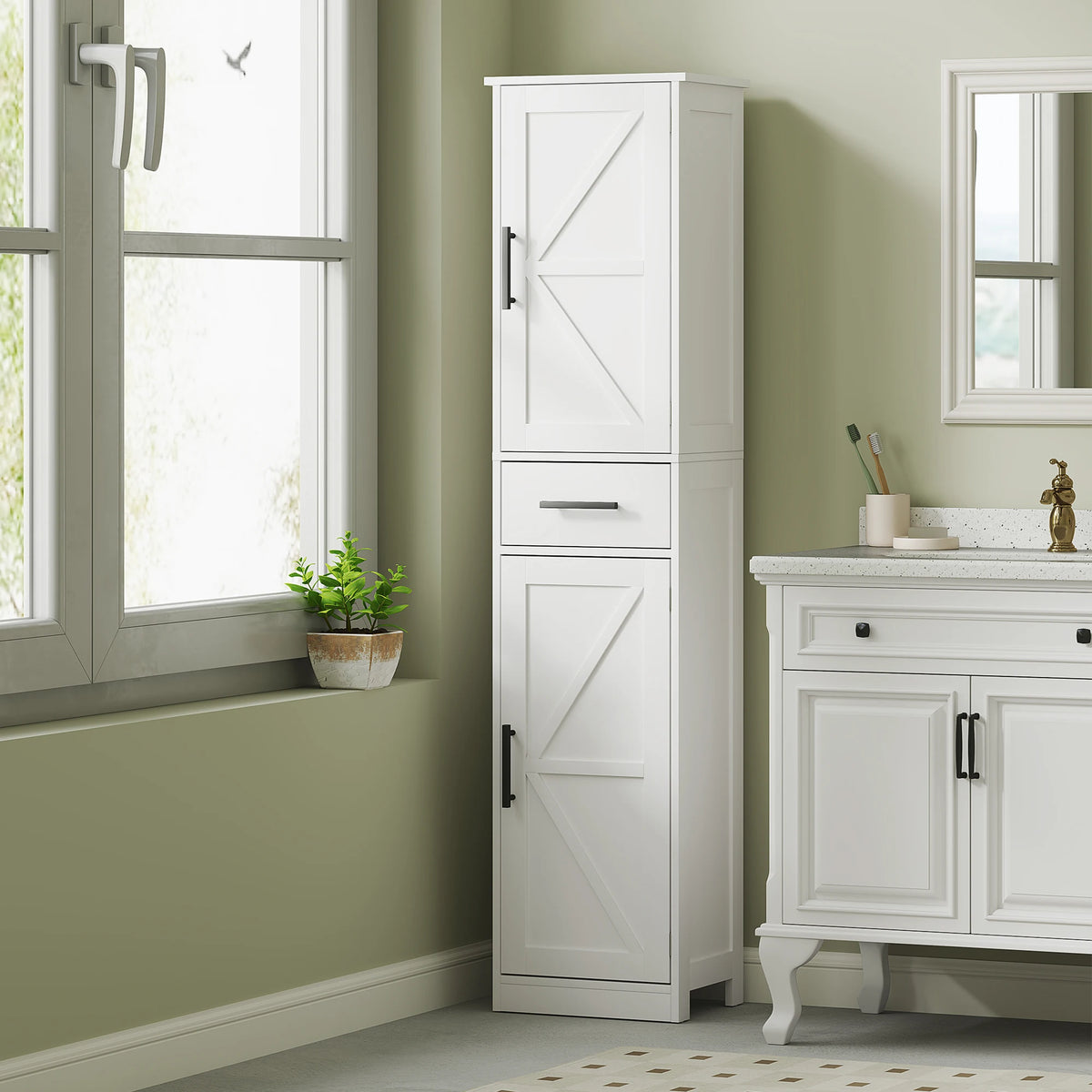 Homcom 67-inch tall white farmhouse bathroom storage cabinet with barn-door panels and a drawer; two cabinets shown