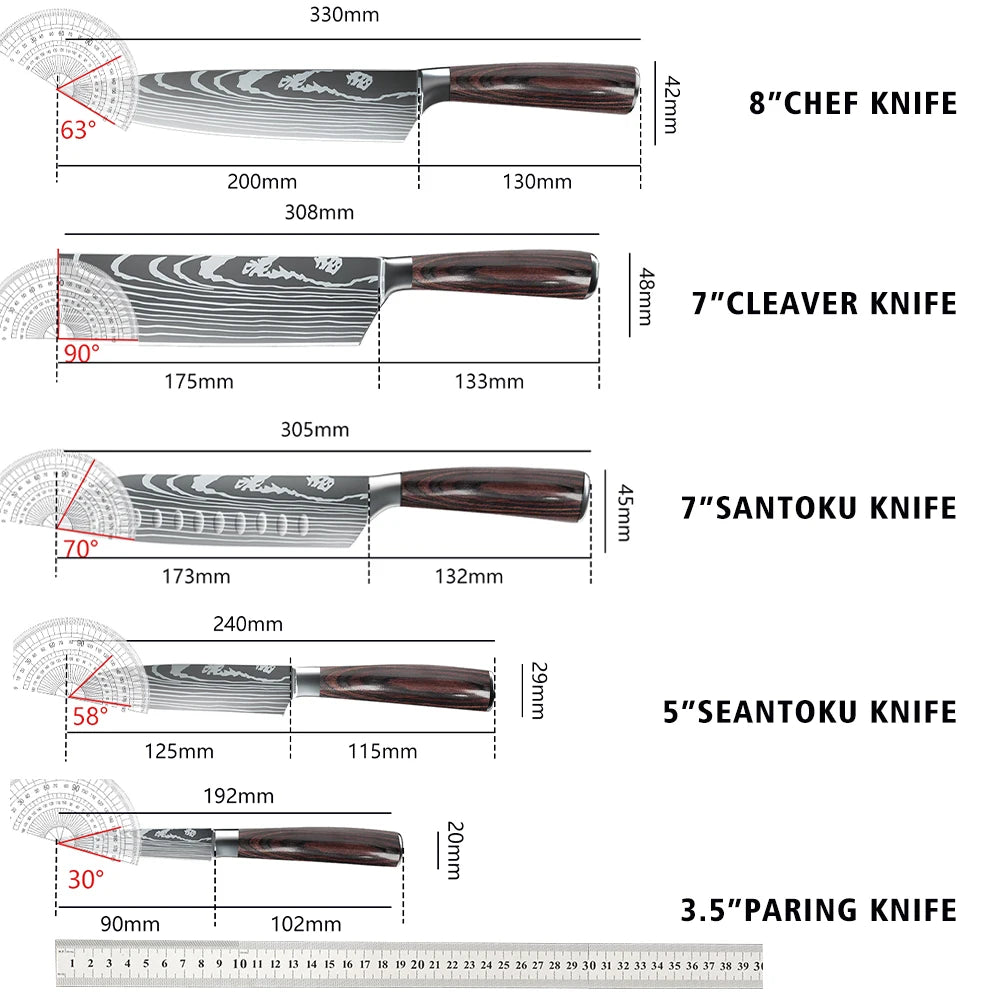 MDHAND Damascus Pattern Stainless Steel Santoku Knife Set