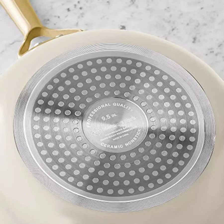 11-Piece Modern Ceramic Cookware Set in Cream with a 9.5 in ceramic nonstick pan
