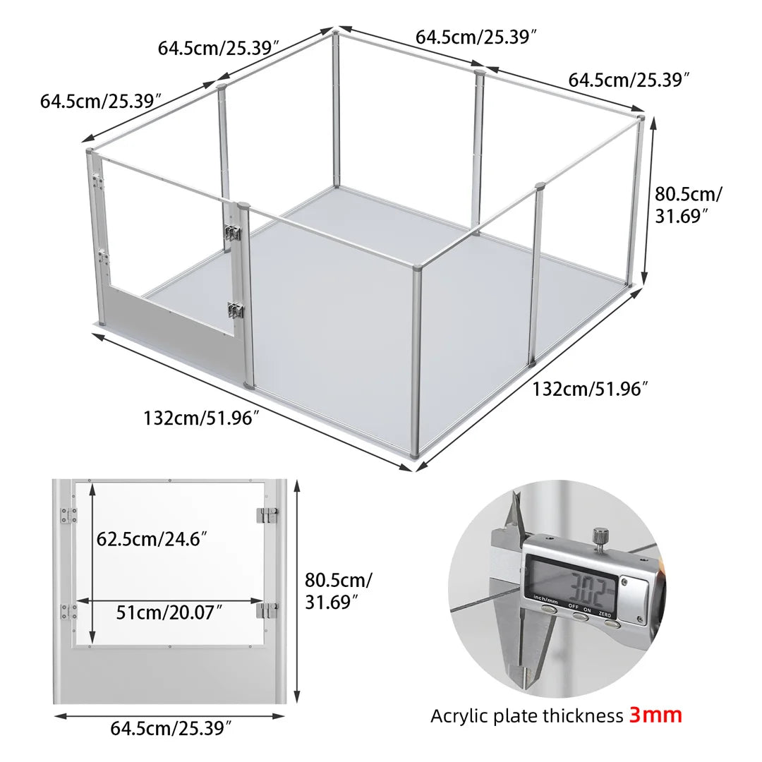 Clear acrylic pet playpen with waterproof floor pad; 132x132 cm base, 80.5 cm tall.