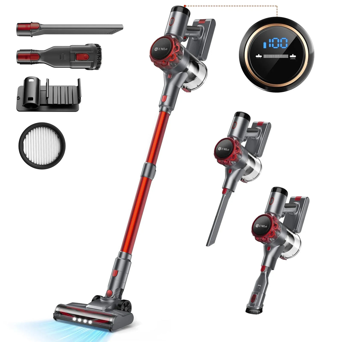INSE S3P cordless vacuums by S And B Enterprise; red-stick wand with LED display and multiple attachments