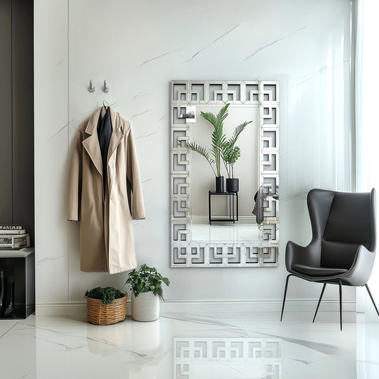 Rectangle silver Venetian art mirror with beveled edge and geometric square frame for living room.