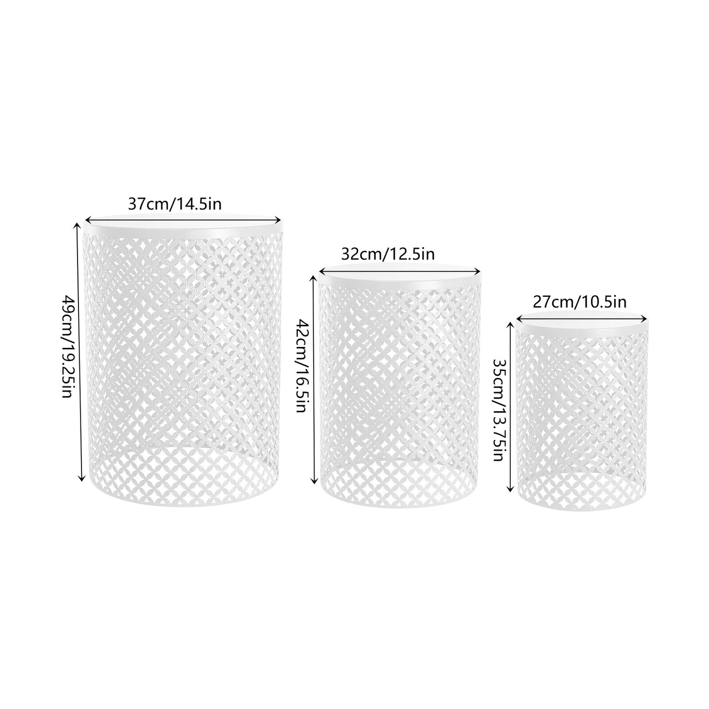 3-piece white metal-frame accent table set with lattice mesh surfaces for outdoor use
