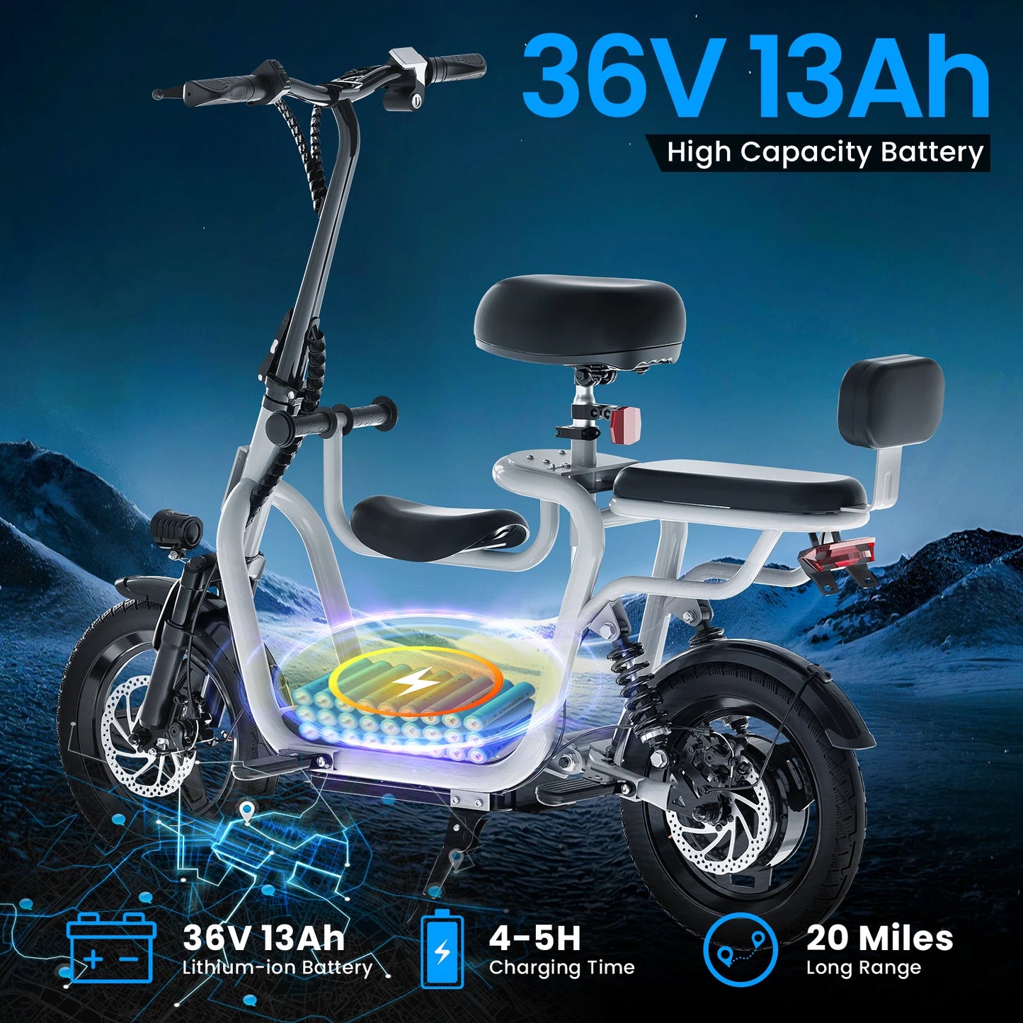 Electric scooter with adjustable seat for adults, black and silver frame, 36V 13Ah battery, 20 miles range