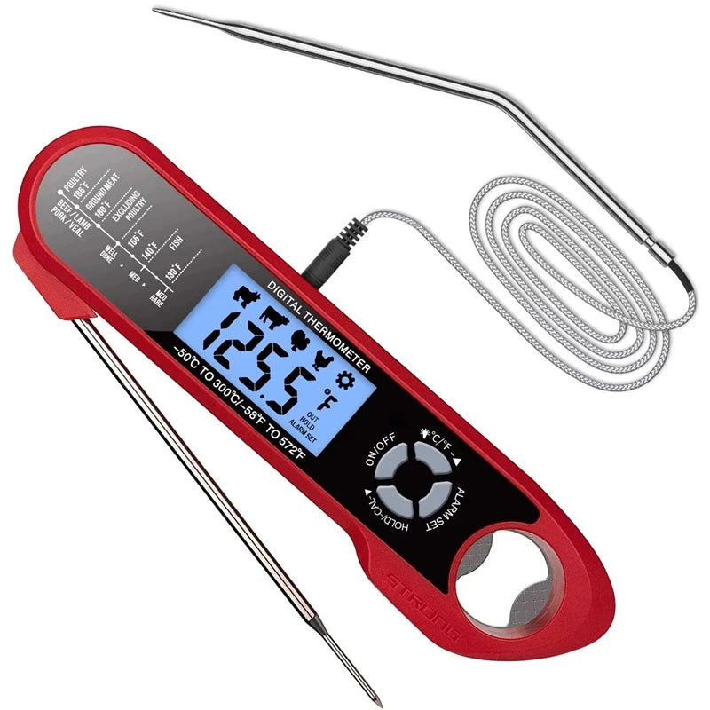 BBQ meat thermometer digital with 2 stainless probes, red handheld unit