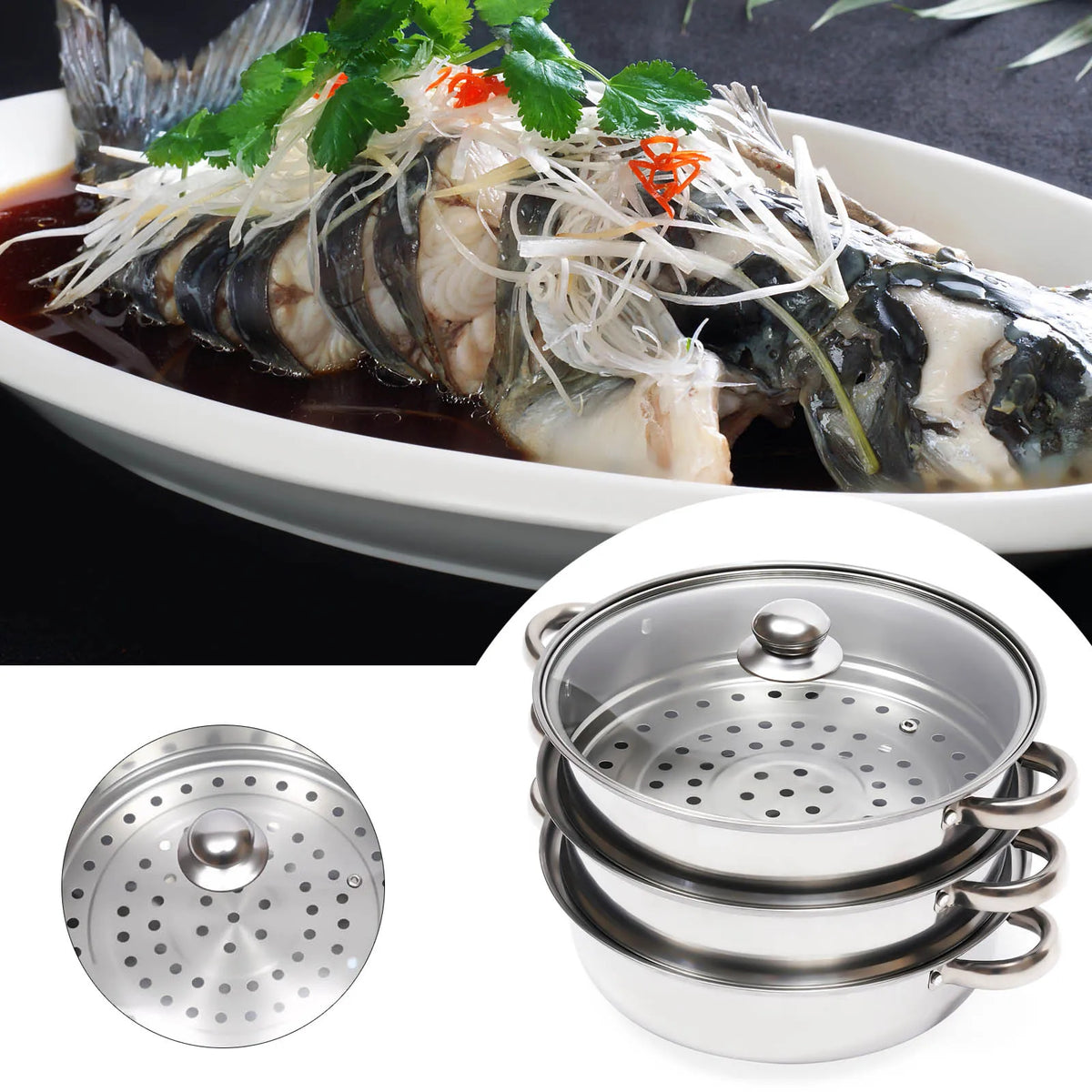 3-Tier stainless steel steamer pot set, 28 cm, with glass lid by S And B Enterprise