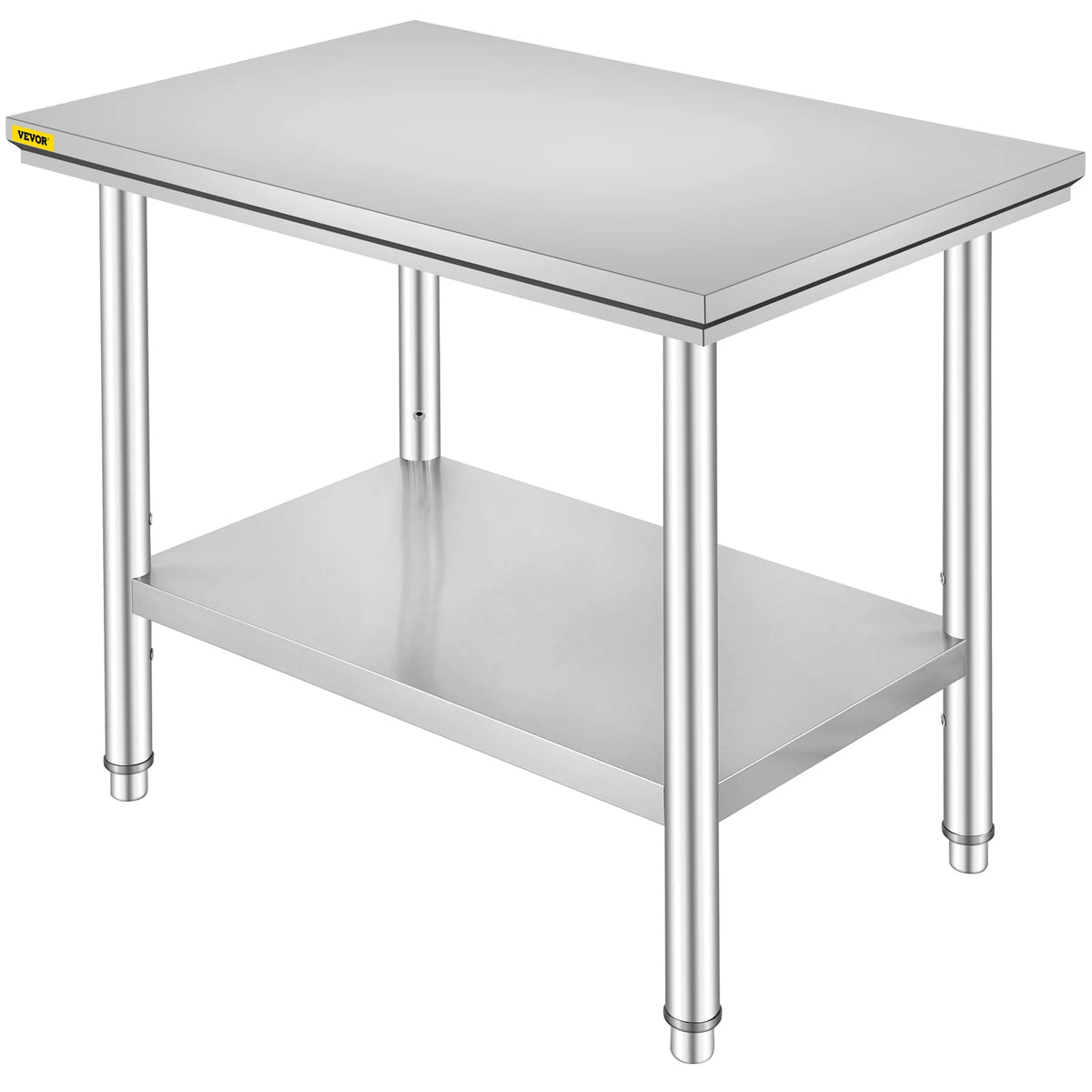 Stainless steel kitchen work bench with undershelf for commercial use; VEVOR logo visible