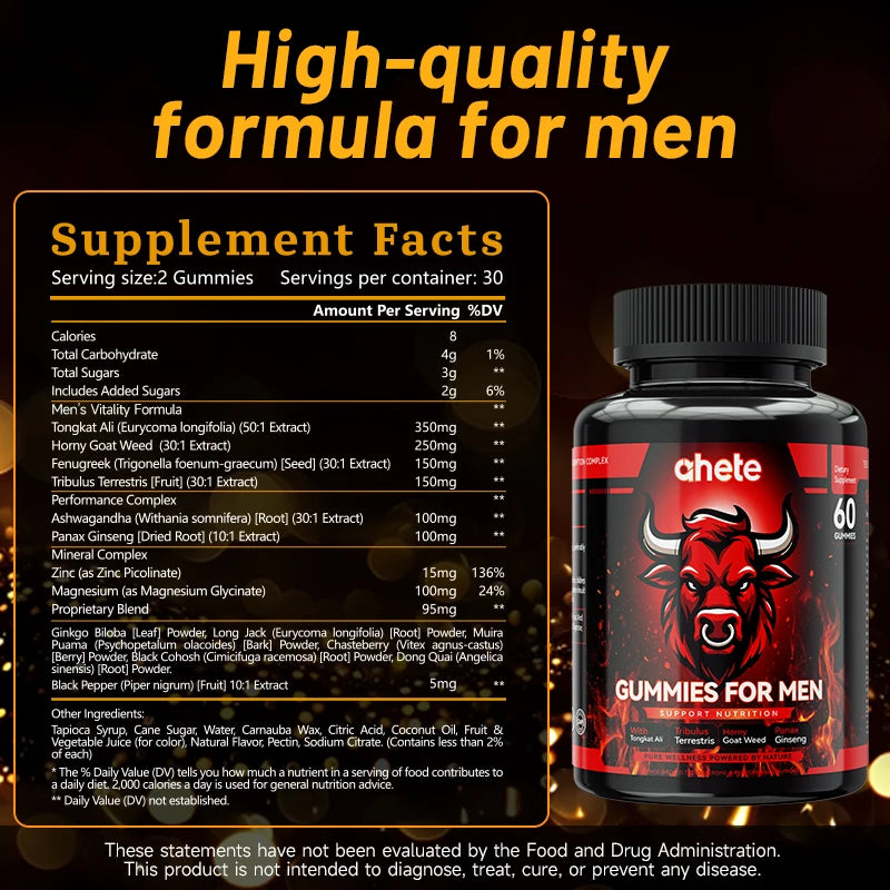 Ahete Men's Support Gummies - 60-Count Chewable Supplements, Aids Daily Vitality Maintenance & Body Comfort.
