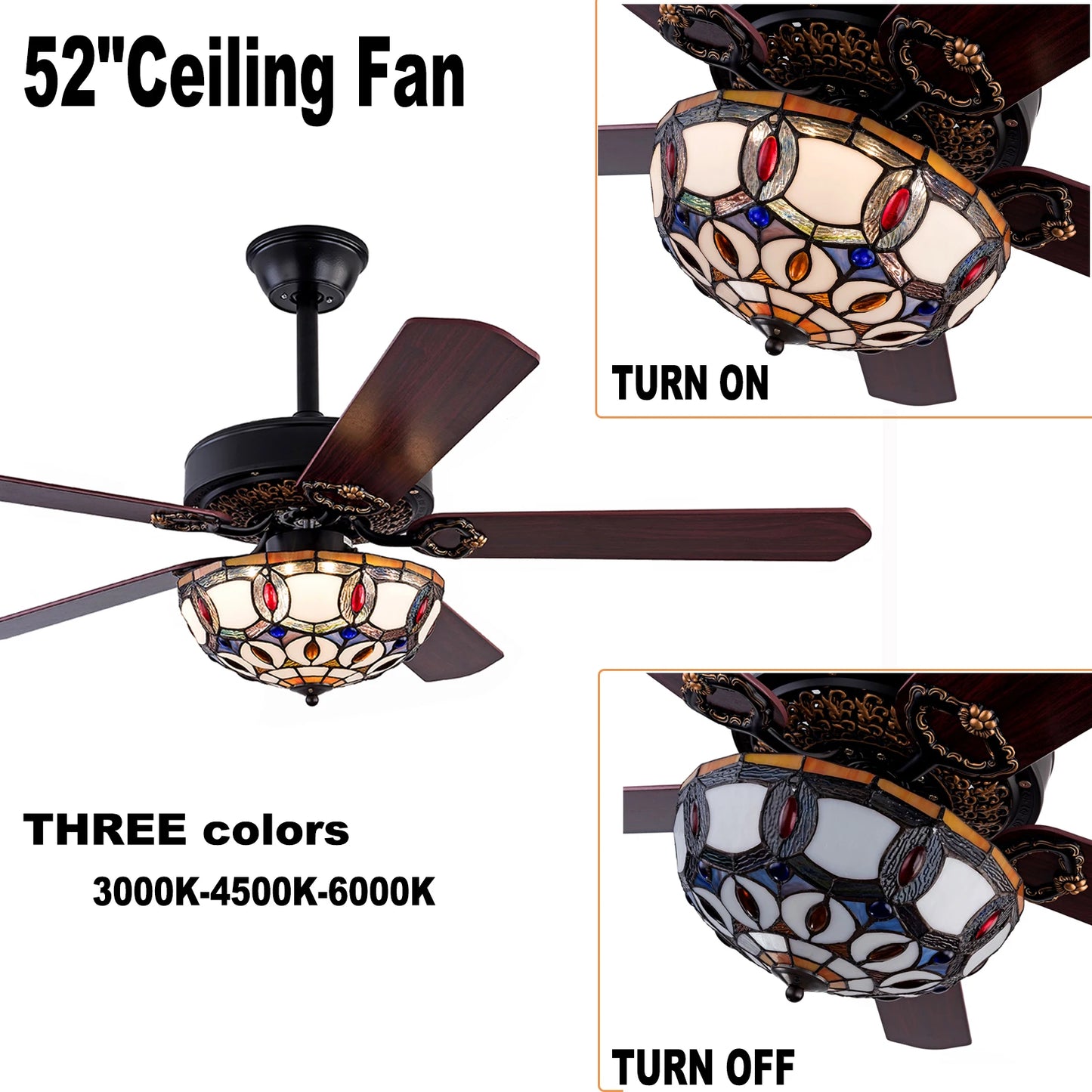 Bymaocar Tiffany Ceiling Fan With Remote Three Lights