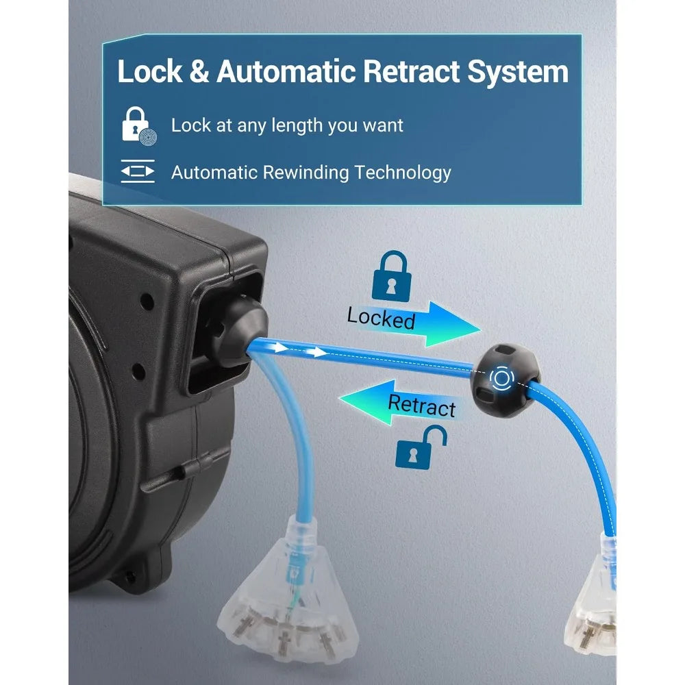 Retractable cord reel, 50ft, with 3 outlets and 13A circuit breaker by S And B Enterprise