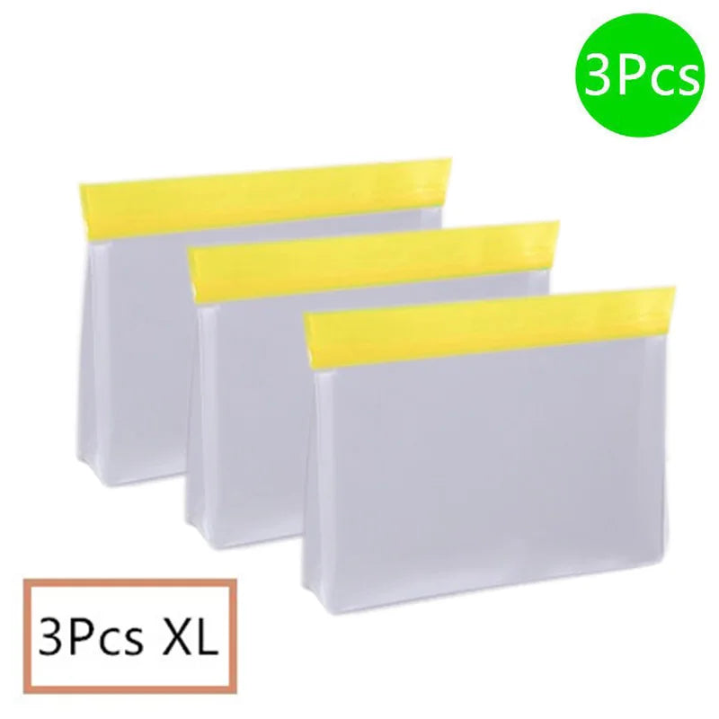 3-pack XL reusable food storage bags, translucent with yellow top zipper seal, stand-up design.