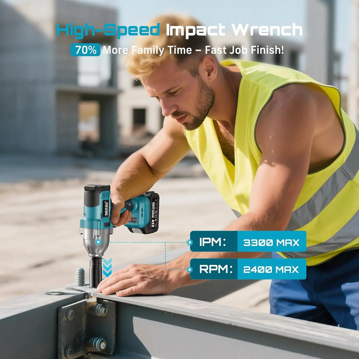 SEESII WH710 Pro cordless impact wrench, teal blue, 1/2-in drive with battery