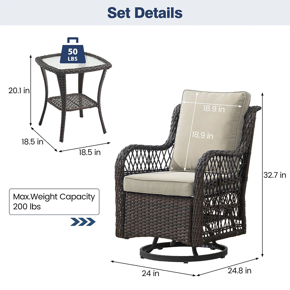 HiMISS 3-Piece Wicker Swivel Rocking Patio Set With Glass Table