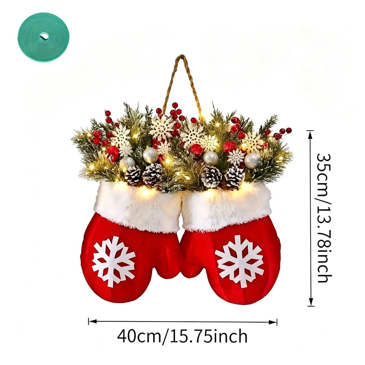 Plastic mitten wreath with red berries, pine branches and warm LED lights for front door decor